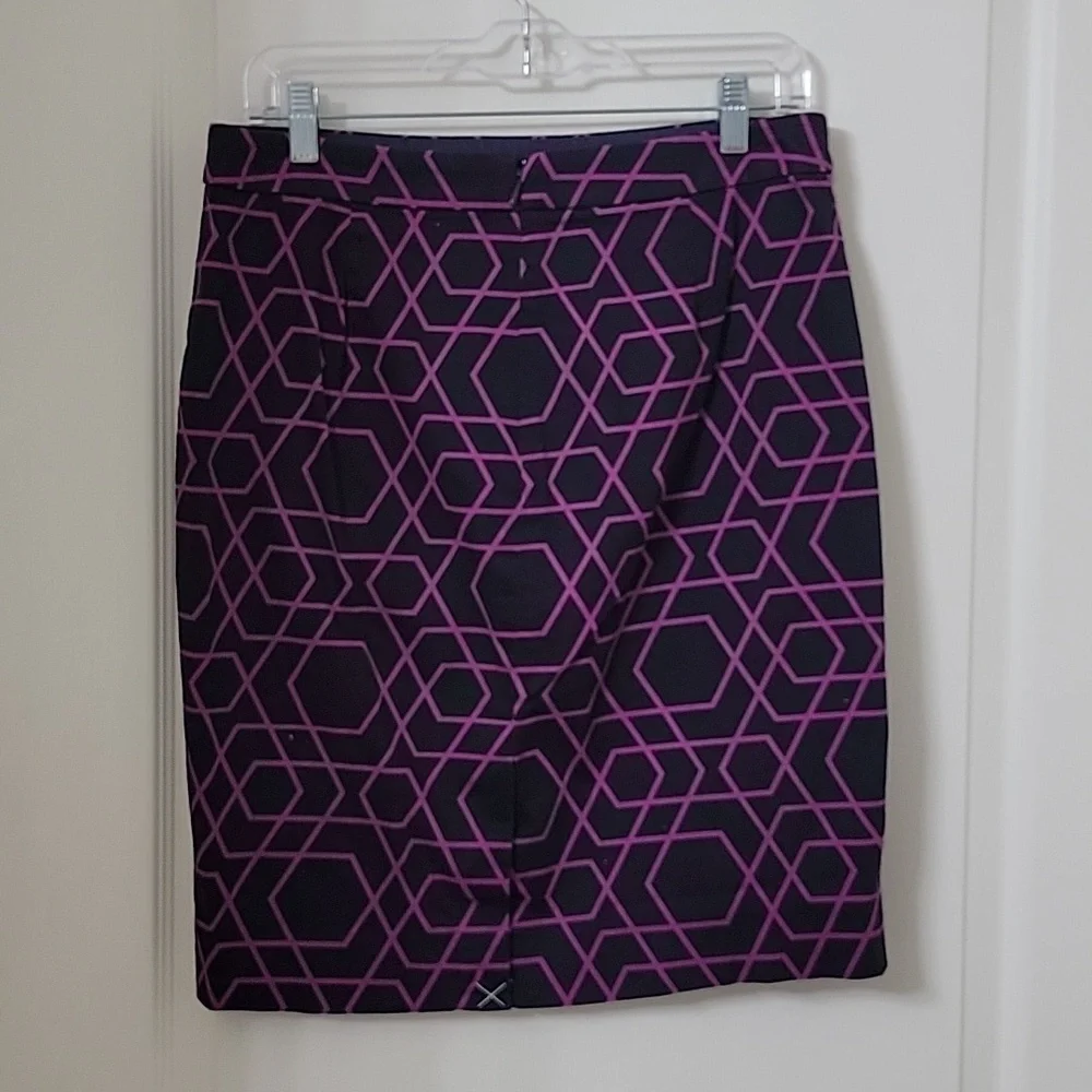 J. Crew Size 10 The Pencil Skirt, Navy Blue with Purple Geometric Pattern, NWOT